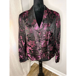 Vintage MSK XL Black & Magenta Floral Brocade Blazer Metallic Accent